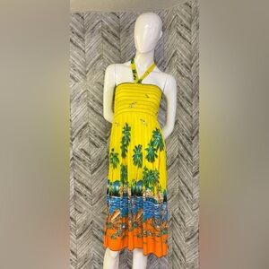 Yellow Tropical Print Halter Dress- size M/L